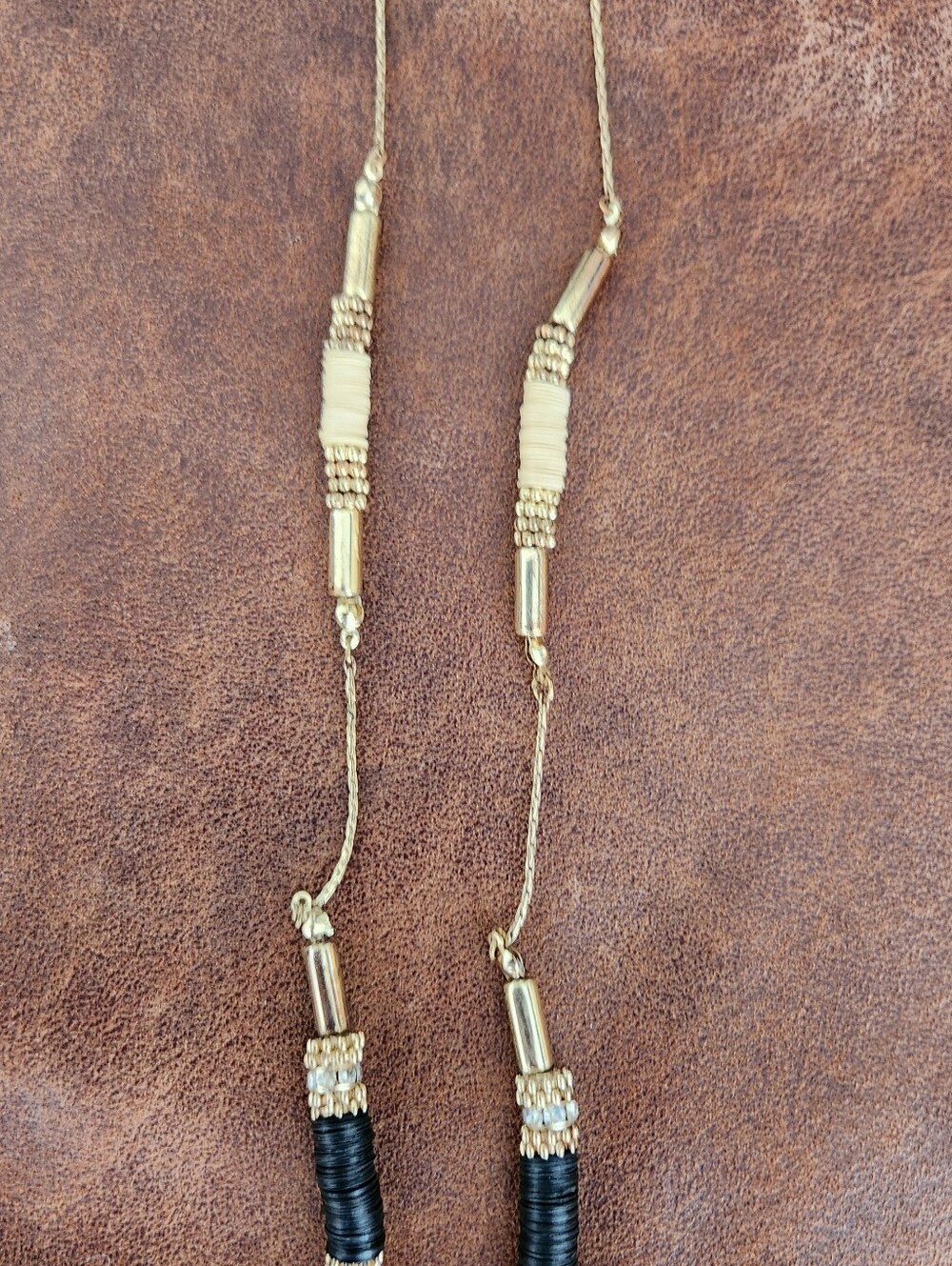 Gold and Black Bead Long Necklace - Women's Fashion Jewelry - Picture 2 of 3
